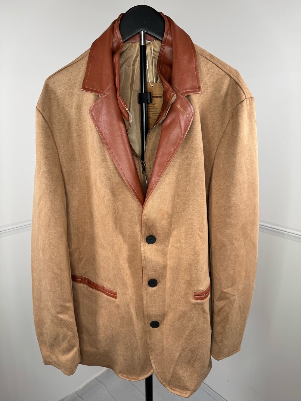NWT Manly Men's Tan Suede Blazer Jacket Faux Leather Trim XL